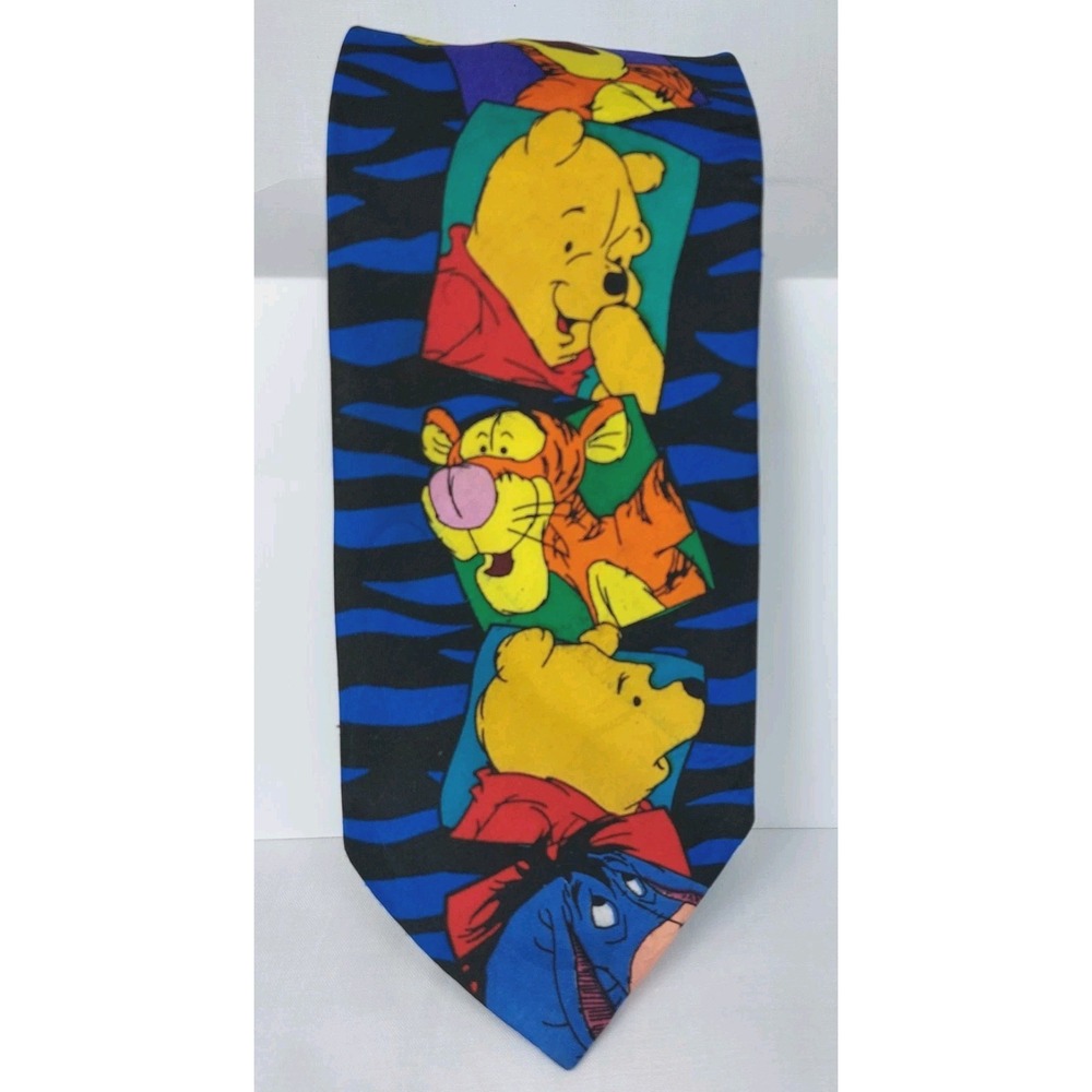 Disney Winnie The Pooh Necktie Black Blue Zebra Print Pooh Tigger Eeyore Tie